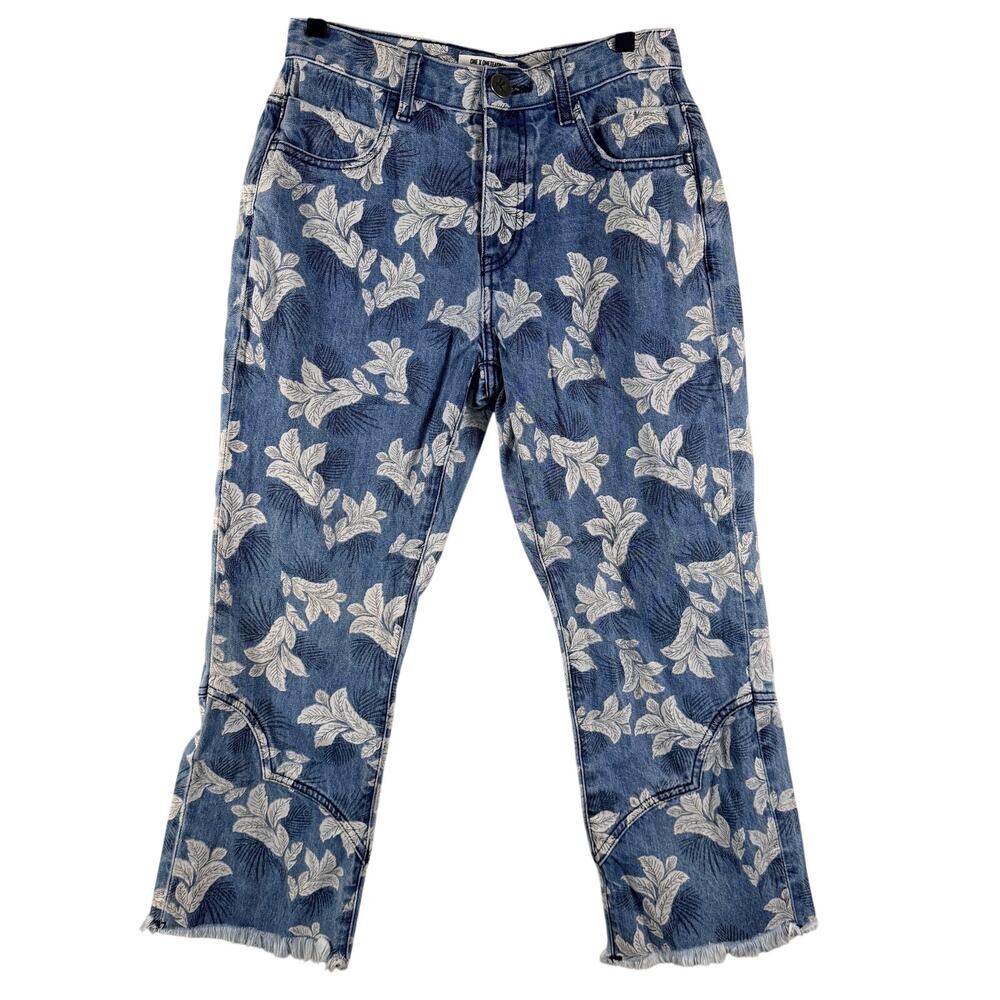 One Teaspoon Floral Print High Rise Straight Jeans Raw Hem Blue White 25 W25